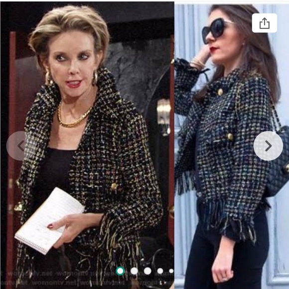 NWT ZARA Tweed Frayed Blazer Jacket Black Multicolor Gold Buttons Wool Blend L - Picture 3 of 15